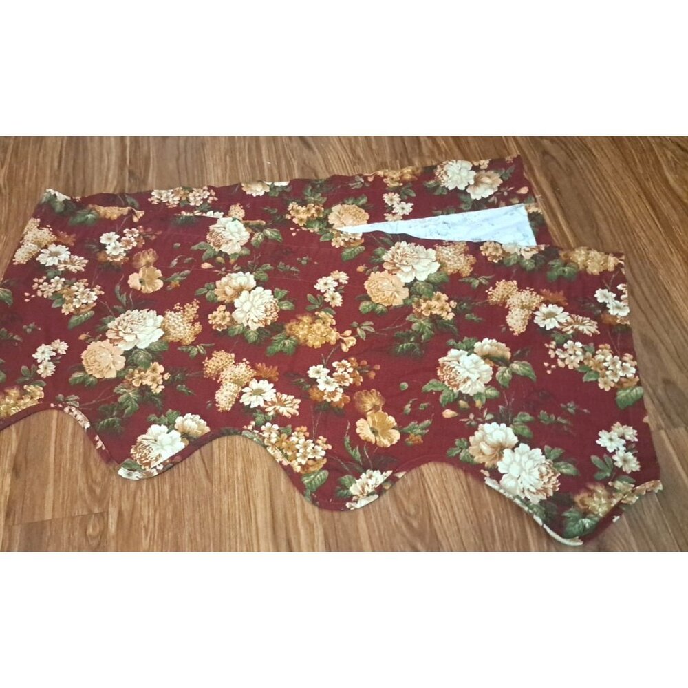 Burgundy Floral Curtain Valance Scalloped Beige Rose Elegant Cottage 81x20